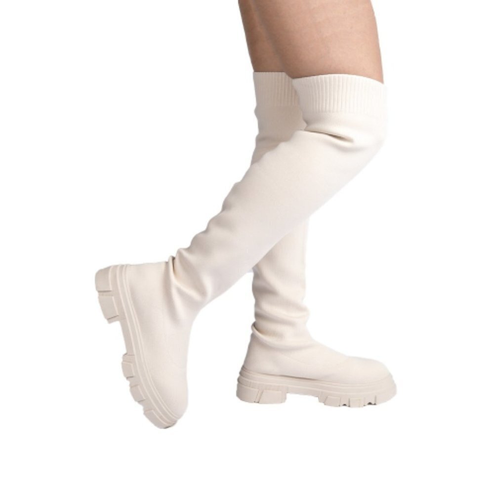WOMEN FLY KNIT THIGH HIGH TALL LUG SOLE SOCK BOOTS Off White - Picture 1 of 3